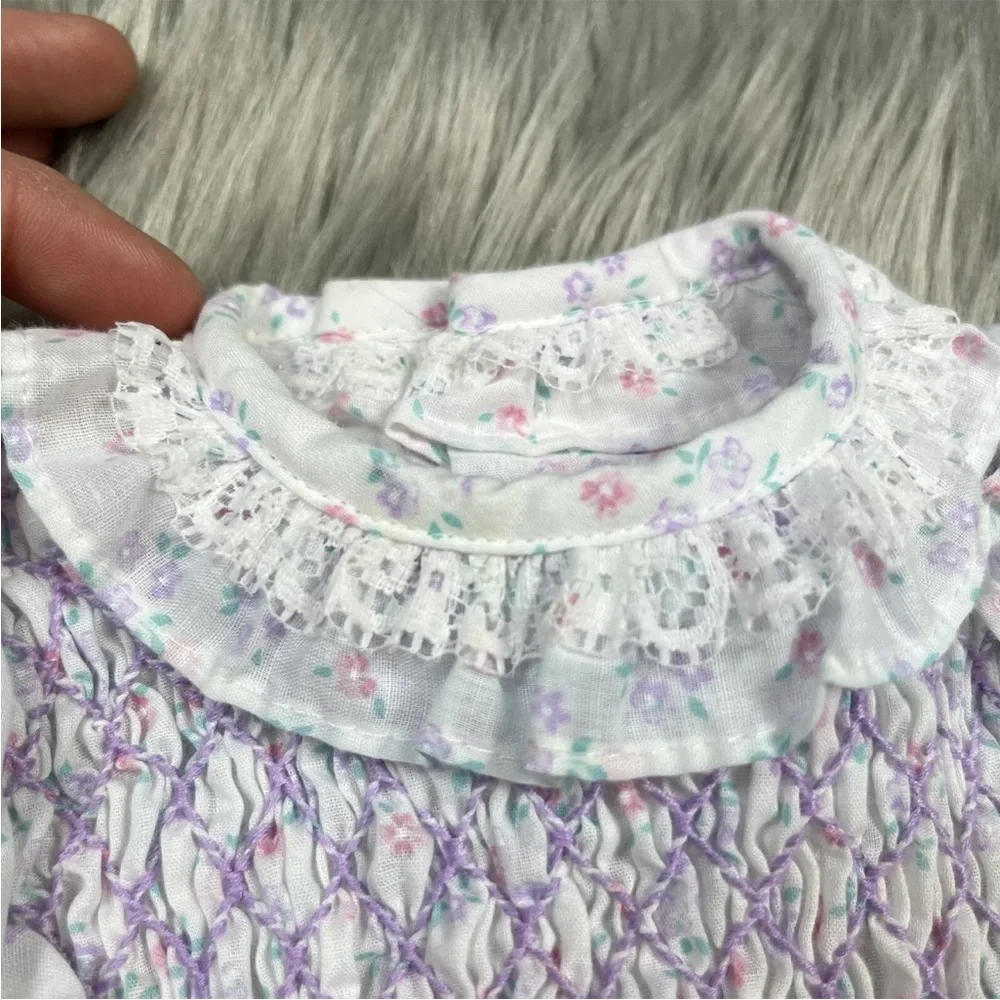 Vintage Polly Flinders White Smocked Floral Ruffle Tie Back Baby Girls Dress